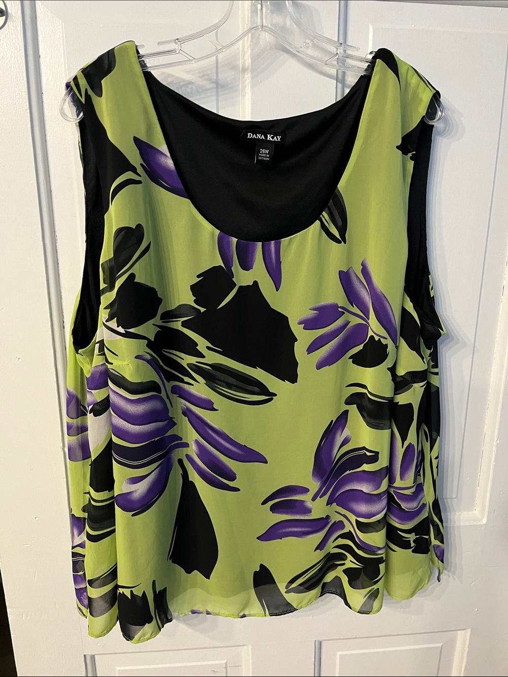 Dana Kay size 26W Silky Sleeveless Top Chartreuse Purple B